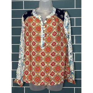 ANTHROPOLOGIE‎ MAEVE RED WHITE BLUE FLORAL MANDALA HENLEY LONG SLEEVE TOP SIZE 6